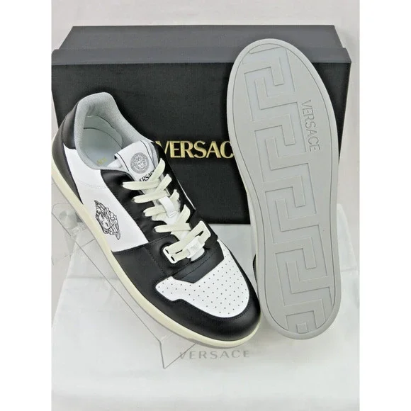 NIB VERSACE BLACK WHITE LEATHER MEDUSA HEAD LOW TOP SNEAKERS US 14 EUR 47 ITALY